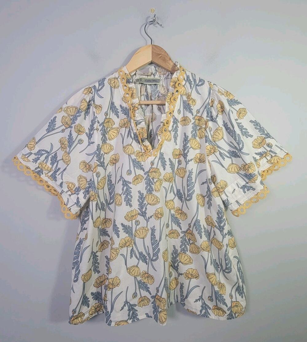 Callie Mac L Short Sleeve Ruffle Lace Floral Top Shirt